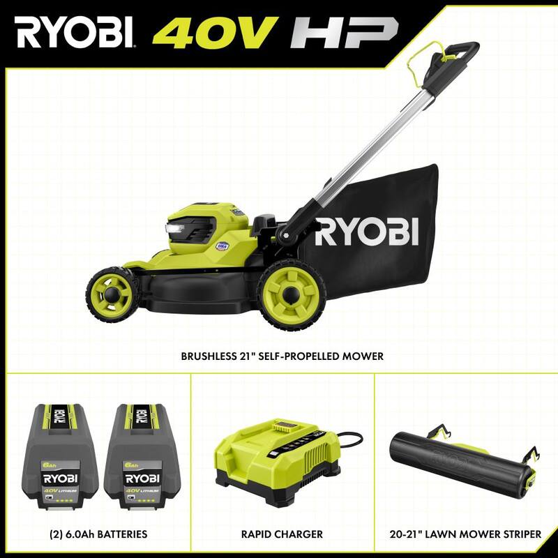 RYOBI 40V HP Brushless 21 in Cordless Walk Behind Self-Propelled Lawn Mower & Lawn Striper w/(2) 6.0 Ah Batteries and Charger - RY401140-ACLS01