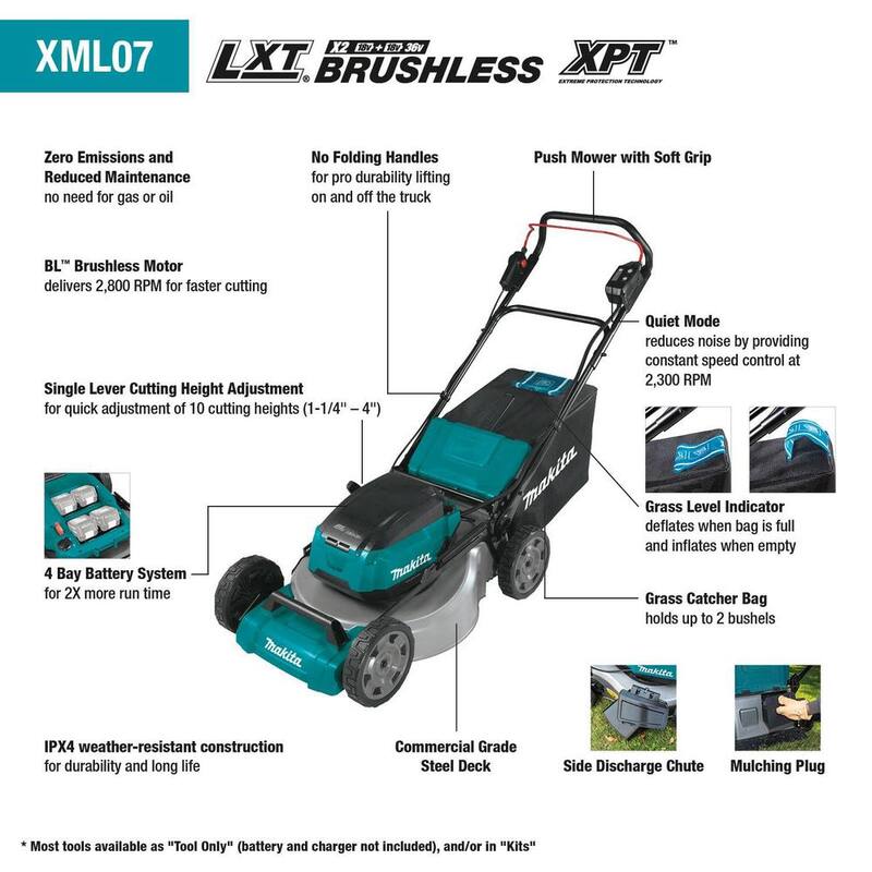 Makita 18V X2(36V) LXT Lithium-Ion Cordless 21 in. Walk Behind Lawn Mower Kit w/4 Batteries 5.0Ah with 18V Blower, Tool Only - XML07PT1-XBU03Z