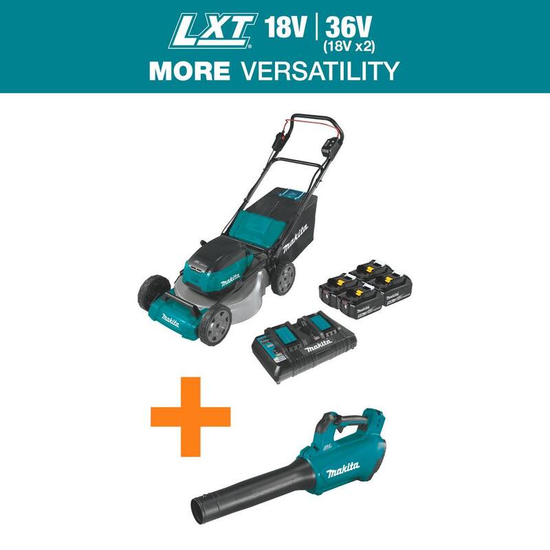 Makita 18V X2(36V) LXT Lithium-Ion Cordless 21 in. Walk Behind Lawn Mower Kit w/4 Batteries 5.0Ah with 18V Blower, Tool Only - XML07PT1-XBU03Z