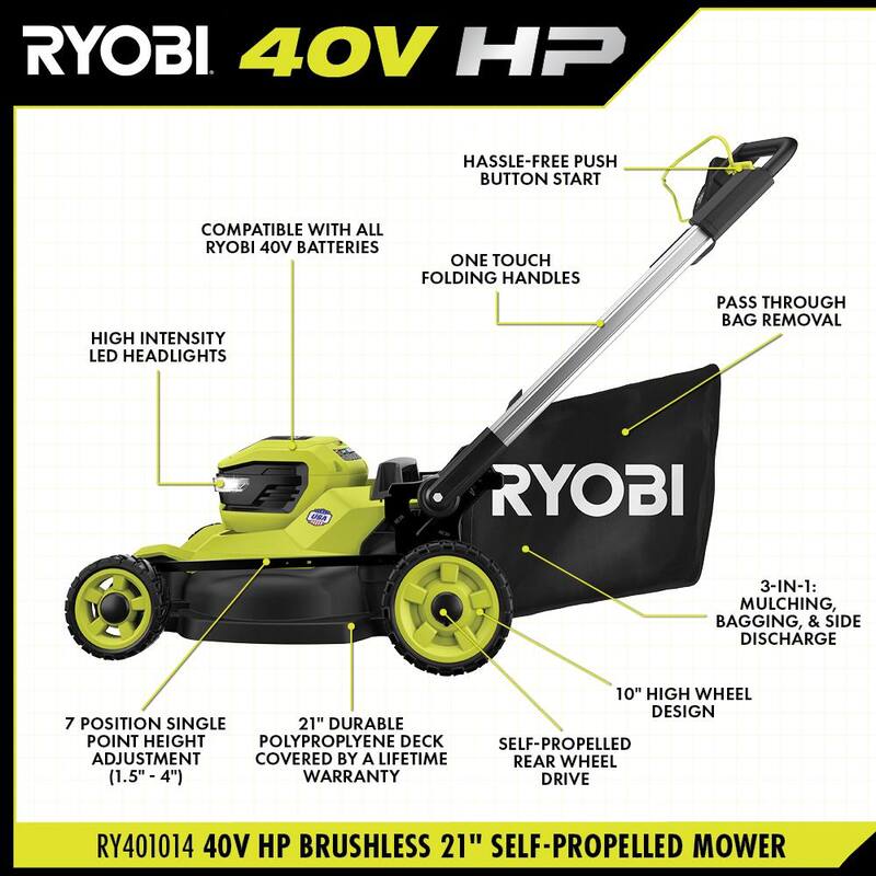 RYOBI 40-Volt HP Brushless 21 in. Cordless Battery Walk Behind Self-Propelled Lawn Mower (Tool Only) - RY401014BTL