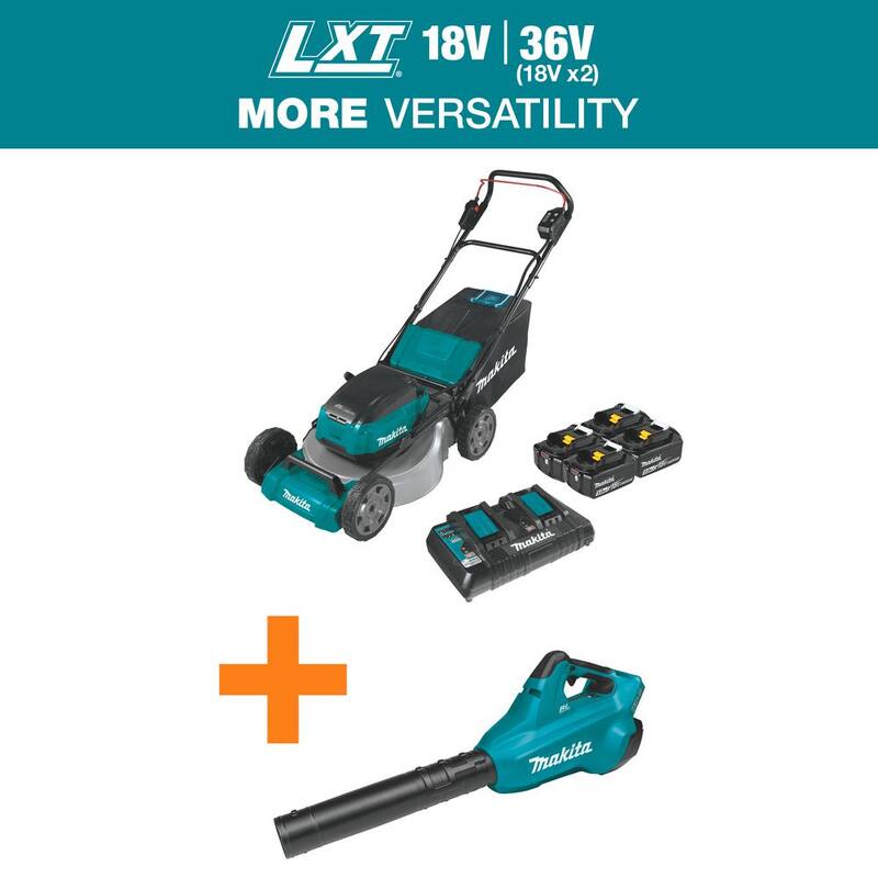 Makita 21 in. 18V X2 (36V) LXT Walk Behind Push Lawn Mower Kit with 4 Batteries (5.0 Ah) with 18V X2 (36V) LXT Blower - XML07PT1-XBU02Z