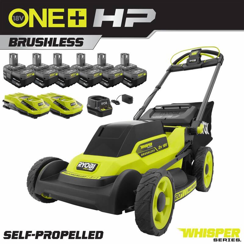 RYOBI ONE+ 18V HP Brushless Whisper Series 20" Self-Propelled Dual Blade Walk Behind Mower-(6) 4.0 Batteries and (3) Chargers - P11100-BK
