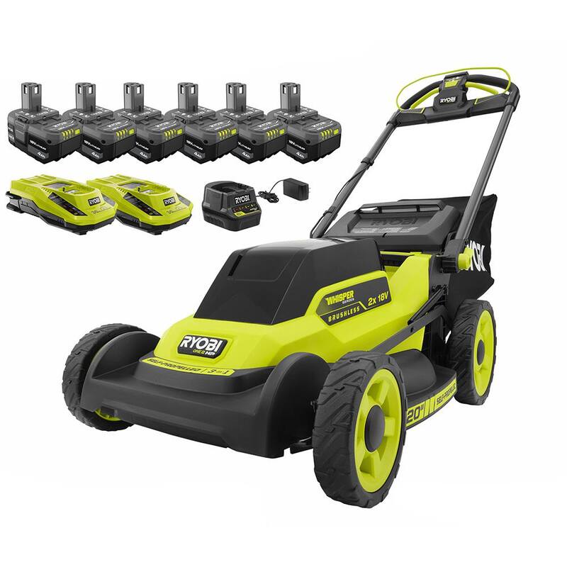 RYOBI ONE+ 18V HP Brushless Whisper Series 20" Self-Propelled Dual Blade Walk Behind Mower-(6) 4.0 Batteries and (3) Chargers - P11100-BK