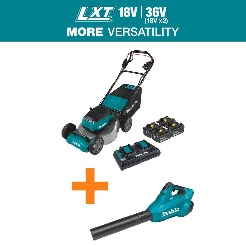 Makita 18 in. 18V X2 (36V) LXT Walk Behind Self Propelled Lawn Mower Kit w/4 Batteries(5.0 Ah) with 18V X2 (36V) LXT Blower - XML06PT1-XBU02Z