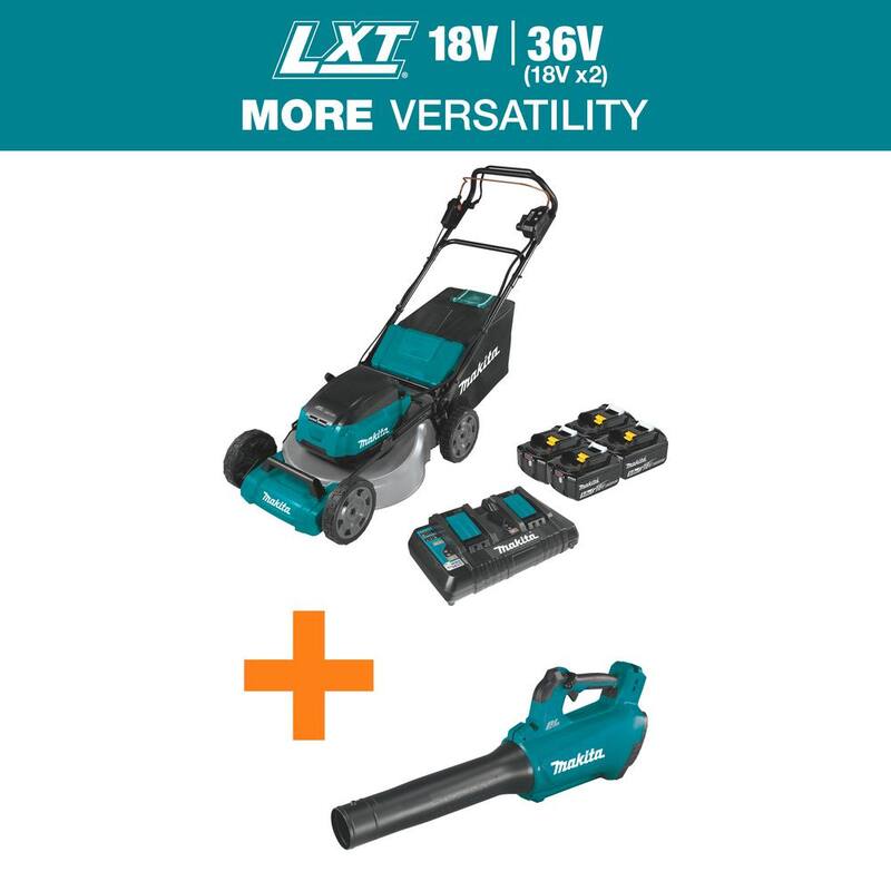 Makita 18V X2(36V) LXT Lithium-Ion Cordless 21 in. Walk Behind Lawn Mower Kit w/4 Batteries 5.0Ah with 18V Blower, Tool Only - XML08PT1-XBU03Z