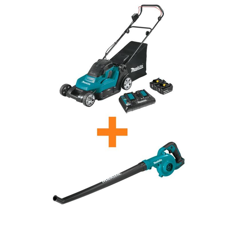 Makita 18V X2 (36V) LXT 17 in. Cordless Residential Lawn Mower Kit (5.0Ah) with bonus 18V LXT Floor Blower, Tool Only - XML05PT-XBU06Z