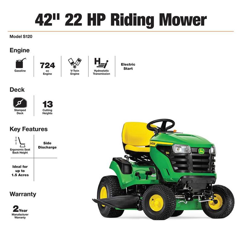John Deere S120 42 in. 22 HP V-Twin Gas Hydrostatic Riding Lawn Mower - BG21272
