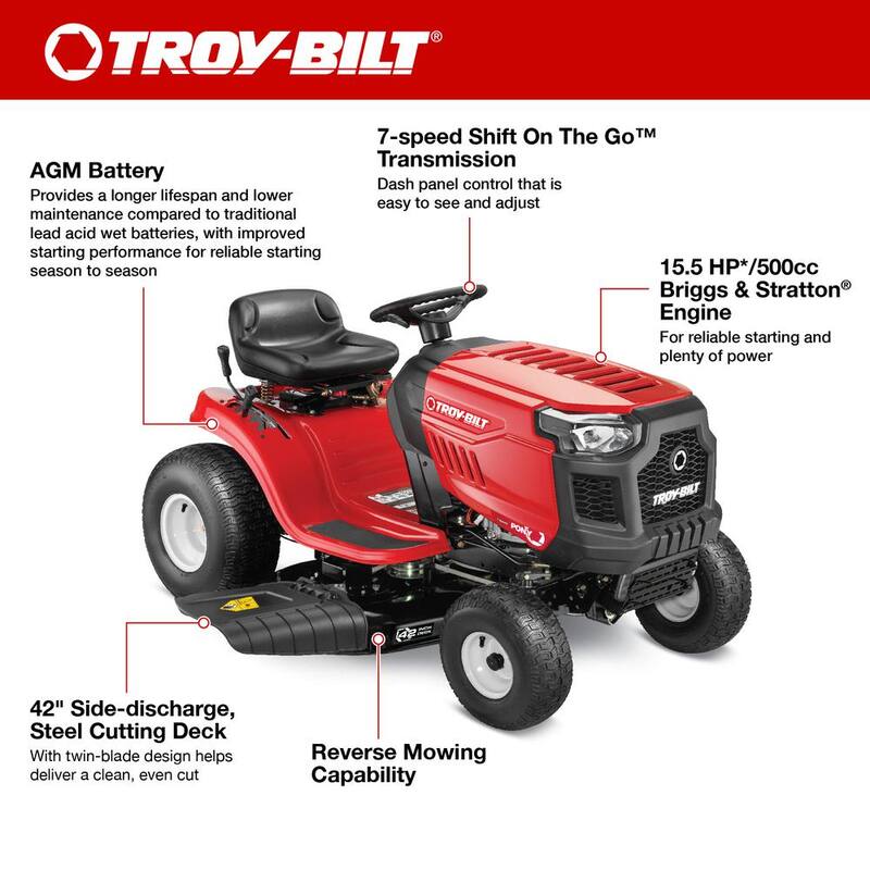 Troy-Bilt Pony 42 in. 15.5 HP Briggs and Stratton 7-Speed Manual Drive Gas Front Engine Riding Lawn Tractor - Pony 42