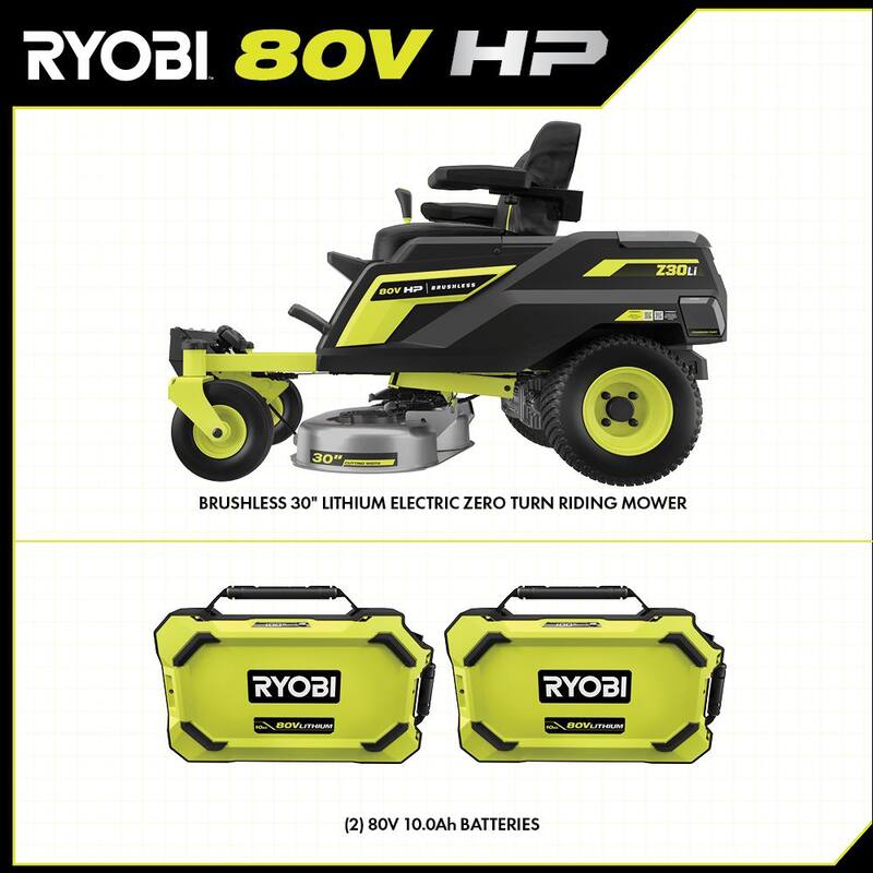 RYOBI 80V HP Brushless 30 in. Battery Electric Cordless Zero Turn Riding Mower with (2) 80V 10 Ah Batteries and Charger - RYRM8010