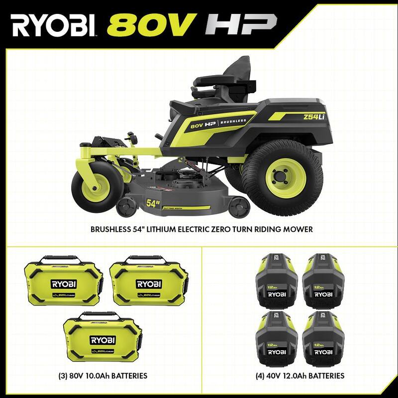 RYOBI 80V HP Brushless 54 in. Battery Electric Cordless Zero Turn Riding Mower (3) 80V Batteries (4) 40V Batteries and Charger - RYRM8034