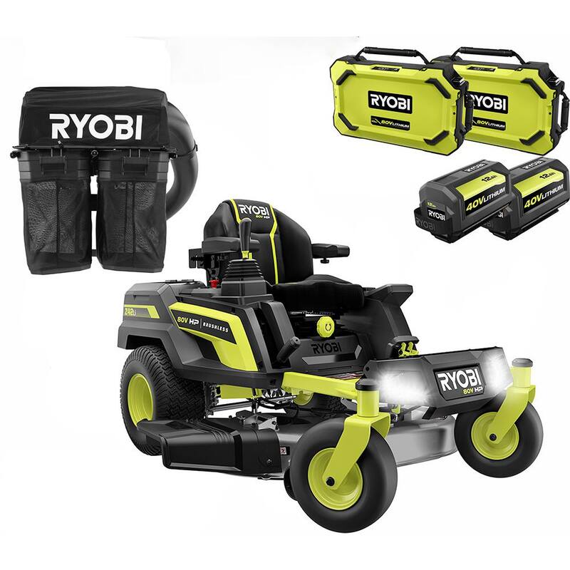 RYOBI 80V HP Brushless 42 in. Battery Electric Cordless Zero Turn Mower with Bagger, (2) 80V 10 Ah, (2) 12 Ah 40V Batteries - RYRM8021-1A