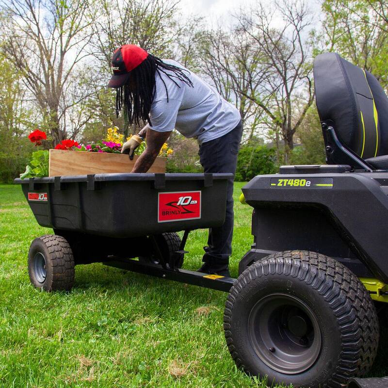 Brinly-Hardy 650 lb. 10 cu. ft. Tow-Behind Lawn Mower Trailer Dump Cart with Compression-Molded Bed for Lawn Tractors and ZTR Mowers - PCT-101BH