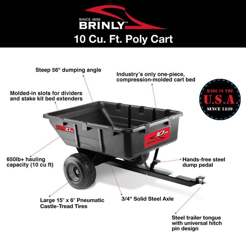 Brinly-Hardy 650 lb. 10 cu. ft. Tow-Behind Lawn Mower Trailer Dump Cart with Compression-Molded Bed for Lawn Tractors and ZTR Mowers - PCT-101BH