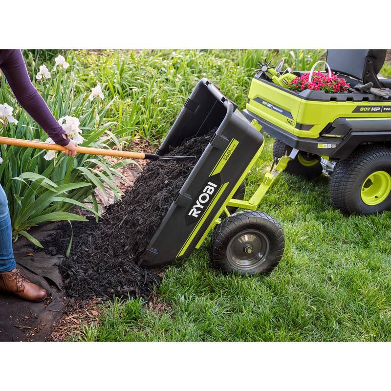 RYOBI 500 lb. 7.5 cu. ft. Tow-Behind Utility Dump Cart with Universal Hitch for Riding Mower, Lawn Tractor & Zero Turn Mower - ACRM025