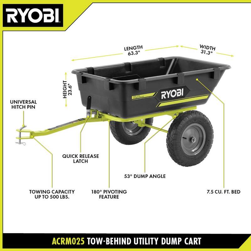 RYOBI 500 lb. 7.5 cu. ft. Tow-Behind Utility Dump Cart with Universal Hitch for Riding Mower, Lawn Tractor & Zero Turn Mower - ACRM025