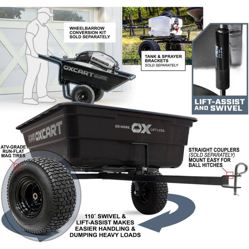 OXCART Stockman 15 cu. ft. to 17 cu. ft. Lift-Assist and Swivel Dump Cart with 18 in. ATV-Grade Run-Flat Tires - GTMXH3L218U
