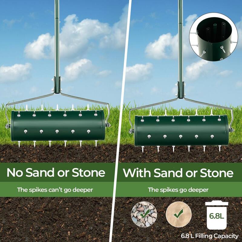 WELLFOR 21 in. Manual Garden Rolling Lawn Aerator Filled with Sand or Stone - TBG4130GN