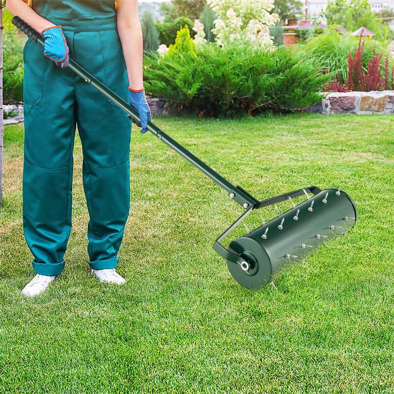 Costway 21 in. Manual Lawn 36-Tine Spike Aerator Rolling Push Grass Aeration Tool with Handle in Green - HCST00950