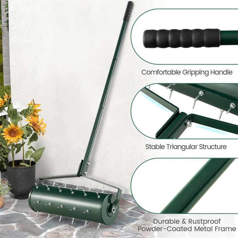 Costway 21 in. Manual Lawn 36-Tine Spike Aerator Rolling Push Grass Aeration Tool with Handle in Green - HCST00950