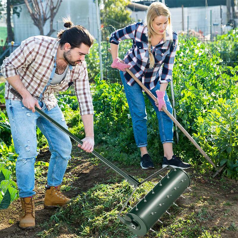 Costway 21 in. Manual Lawn 36-Tine Spike Aerator Rolling Push Grass Aeration Tool with Handle in Green - HCST00950