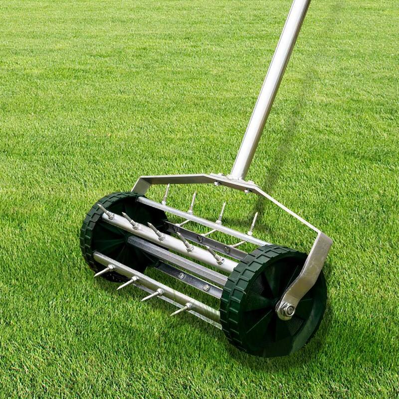 Tunearary 16 in. Heavy-Duty Rolling Push Tine Spike Soil Lawn Aerator for Garden with 3-Piece Steel Handle - W227PYX833-xh