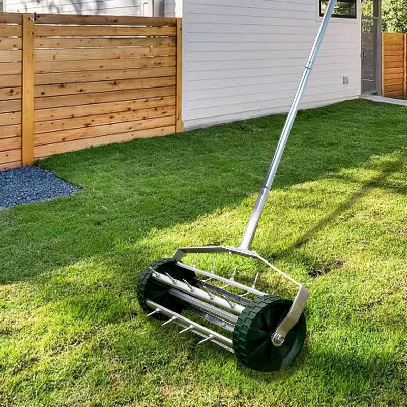 Tunearary 16 in. Heavy-Duty Rolling Push Tine Spike Soil Lawn Aerator for Garden with 3-Piece Steel Handle - W227PYX833-xh