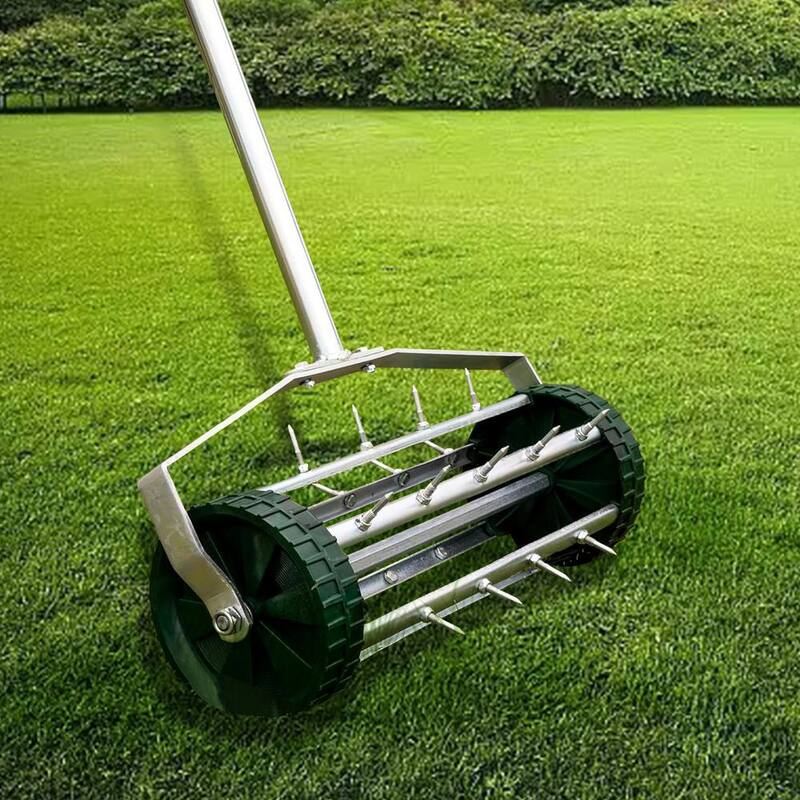 Tunearary 16 in. Heavy-Duty Rolling Push Tine Spike Soil Lawn Aerator for Garden with 3-Piece Steel Handle - W227PYX833-xh