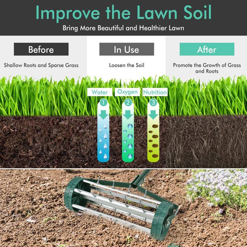 Unbranded 18 in. Green Rolling Lawn Aerator with Anti-slip Handle and Rotary Push Tine - GO-Y-2980