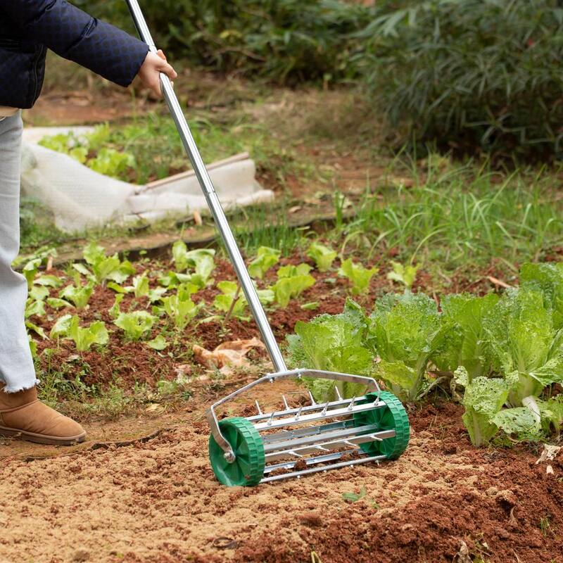Gardenised Rolling Spike Lawn Aerator with Sturdy Steel Handle and Sharp Metal Tines to Promote Thick, Deep, and Healthy Grass - QI004663