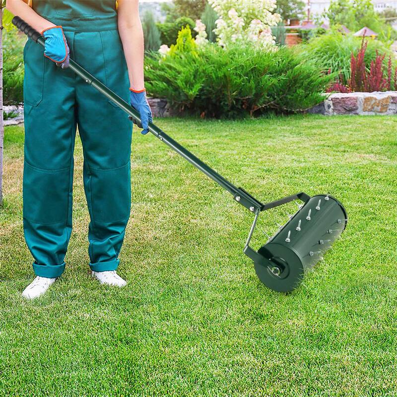 Costway 18 in. Manual Lawn 30-Tine Spike Aerator Rolling Push Grass Filled with Sand or Stone Aeration Tool in Green - HCST00949
