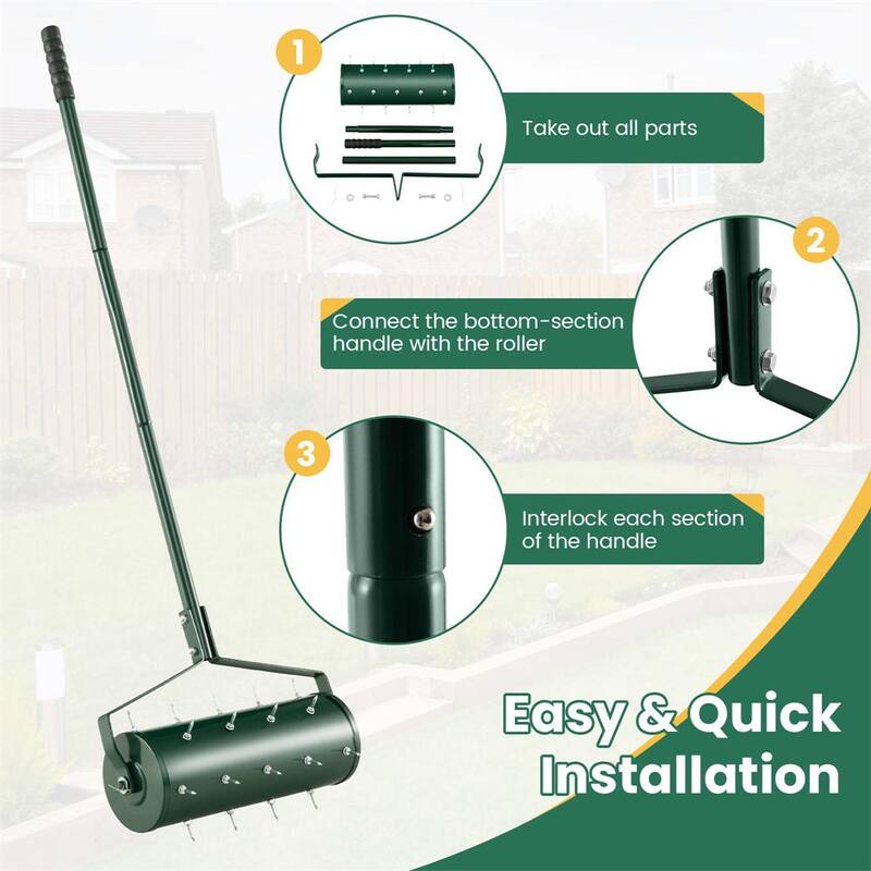 Costway 18 in. Manual Lawn 30-Tine Spike Aerator Rolling Push Grass Filled with Sand or Stone Aeration Tool in Green - HCST00949