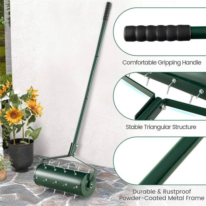 Costway 18 in. Manual Lawn 30-Tine Spike Aerator Rolling Push Grass Filled with Sand or Stone Aeration Tool in Green - HCST00949