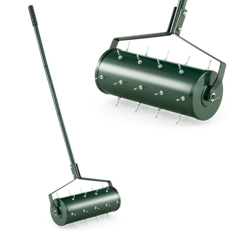 Costway 18 in. Manual Lawn 30-Tine Spike Aerator Rolling Push Grass Filled with Sand or Stone Aeration Tool in Green - HCST00949