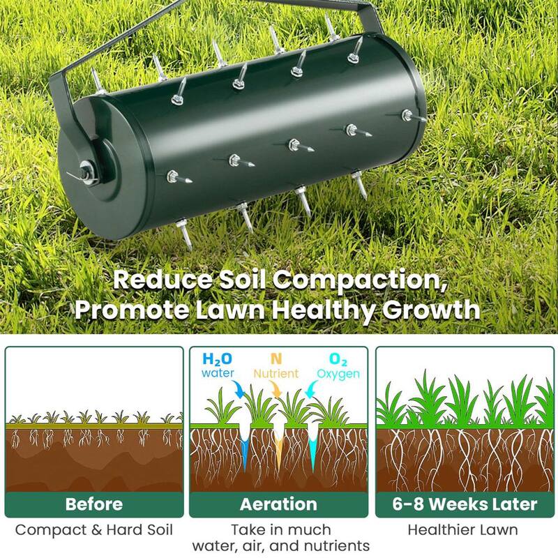 Costway 18 in. Manual Lawn 30-Tine Spike Aerator Rolling Push Grass Filled with Sand or Stone Aeration Tool in Green - HCST00949