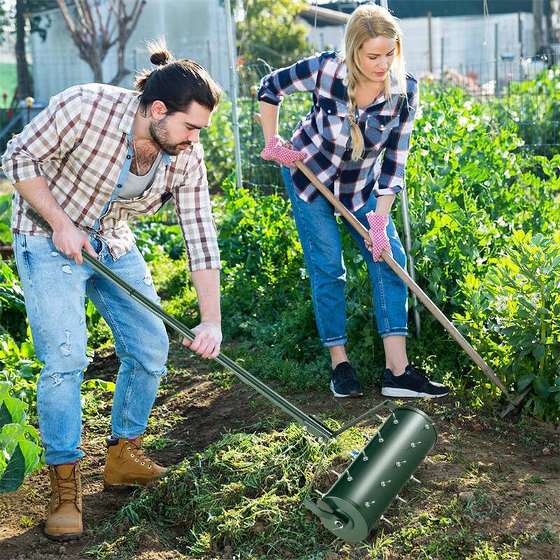 Costway 18 in. Manual Lawn 30-Tine Spike Aerator Rolling Push Grass Filled with Sand or Stone Aeration Tool in Green - HCST00949