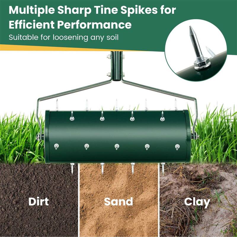 Costway 18 in. Manual Lawn 30-Tine Spike Aerator Rolling Push Grass Filled with Sand or Stone Aeration Tool in Green - HCST00949