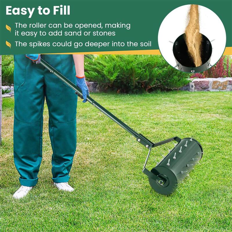 Costway 18 in. Manual Lawn 30-Tine Spike Aerator Rolling Push Grass Filled with Sand or Stone Aeration Tool in Green - HCST00949