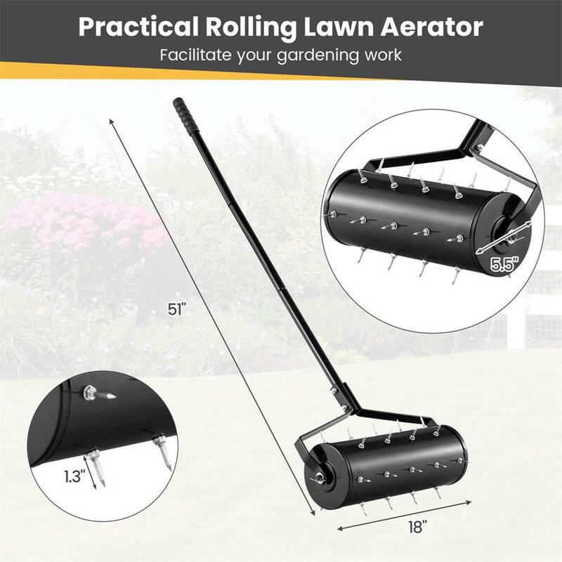 Costway 18 in. Manual Lawn 30-Tine Spike Aerator Rolling Push Grass Filled with Sand or Stone Aeration Tool in Black - HCST02954