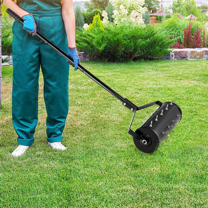 Costway 18 in. Manual Lawn 30-Tine Spike Aerator Rolling Push Grass Filled with Sand or Stone Aeration Tool in Black - HCST02954