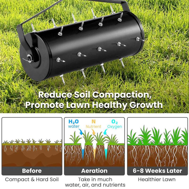 Costway 18 in. Manual Lawn 30-Tine Spike Aerator Rolling Push Grass Filled with Sand or Stone Aeration Tool in Black - HCST02954