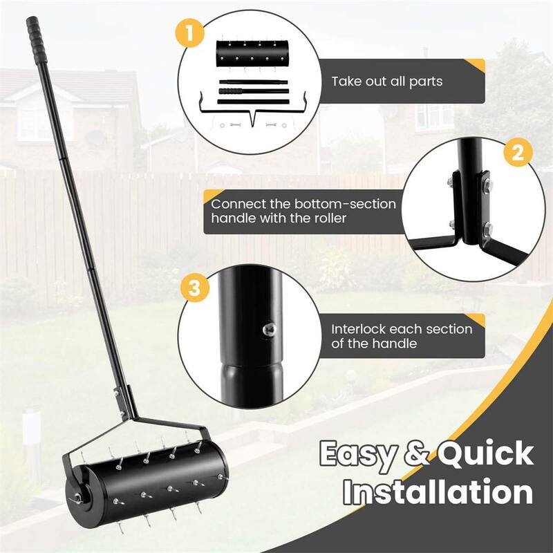 Costway 18 in. Manual Lawn 30-Tine Spike Aerator Rolling Push Grass Filled with Sand or Stone Aeration Tool in Black - HCST02954