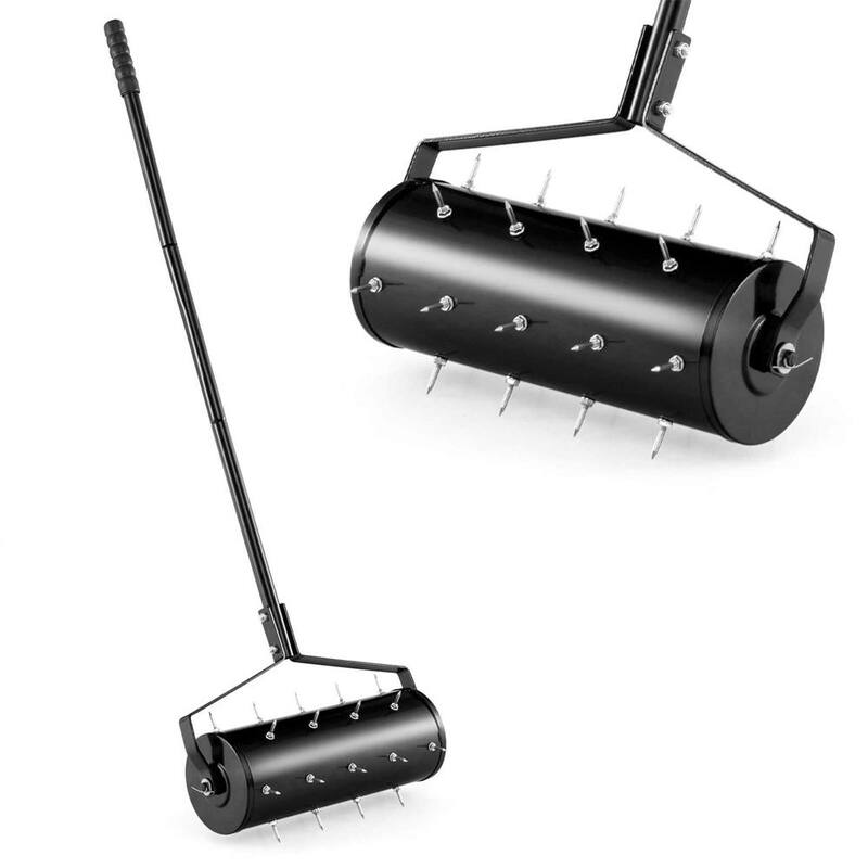 Costway 18 in. Manual Lawn 30-Tine Spike Aerator Rolling Push Grass Filled with Sand or Stone Aeration Tool in Black - HCST02954