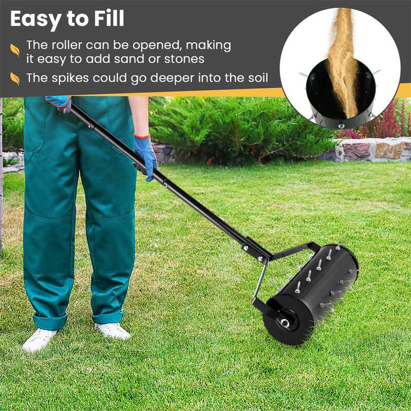 Costway 18 in. Manual Lawn 30-Tine Spike Aerator Rolling Push Grass Filled with Sand or Stone Aeration Tool in Black - HCST02954