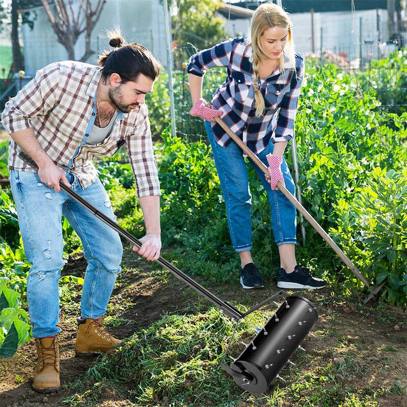 Costway 18 in. Manual Lawn 30-Tine Spike Aerator Rolling Push Grass Filled with Sand or Stone Aeration Tool in Black - HCST02954