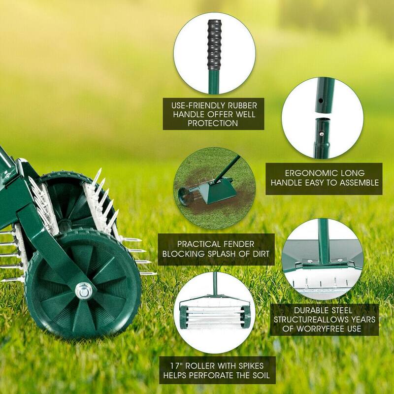 WELLFOR 18 in. Garden Rolling Lawn Aerator with Fender - GT-HGY-3425