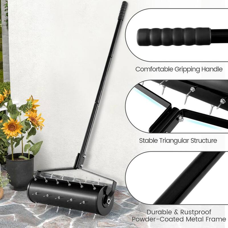 WELLFOR 21 in. Black Manual Garden Rolling Lawn Aerator Filled with Sand or Stone - TBG4130DK