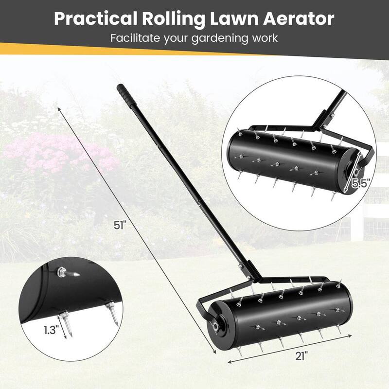 WELLFOR 21 in. Black Manual Garden Rolling Lawn Aerator Filled with Sand or Stone - TBG4130DK