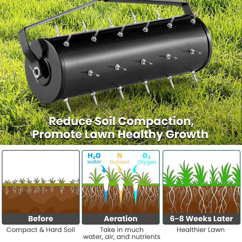 WELLFOR 21 in. Black Manual Garden Rolling Lawn Aerator Filled with Sand or Stone - TBG4130DK