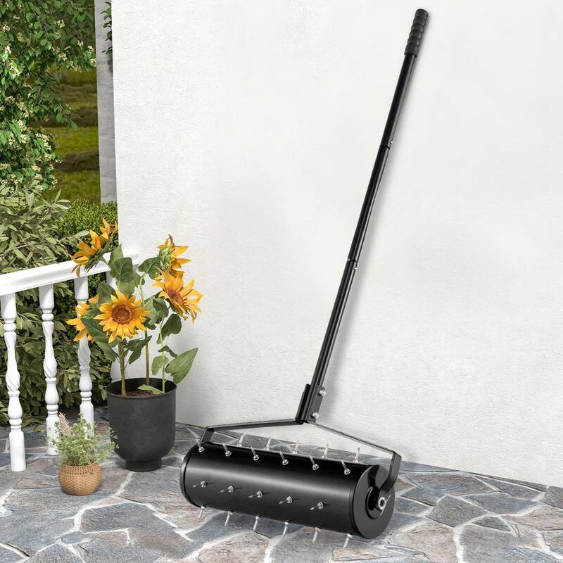 WELLFOR 21 in. Black Manual Garden Rolling Lawn Aerator Filled with Sand or Stone - TBG4130DK