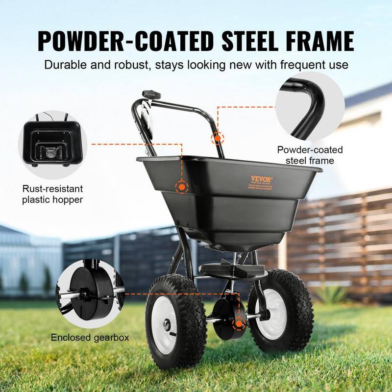 VEVOR Broadcast Spreader 80 lbs. Walk-Behind Turf Spreader with 12 in. Wheels Steel Push Fertilizer Spreader Garden Seeder - TCSBJ80LBS125B0P1V0